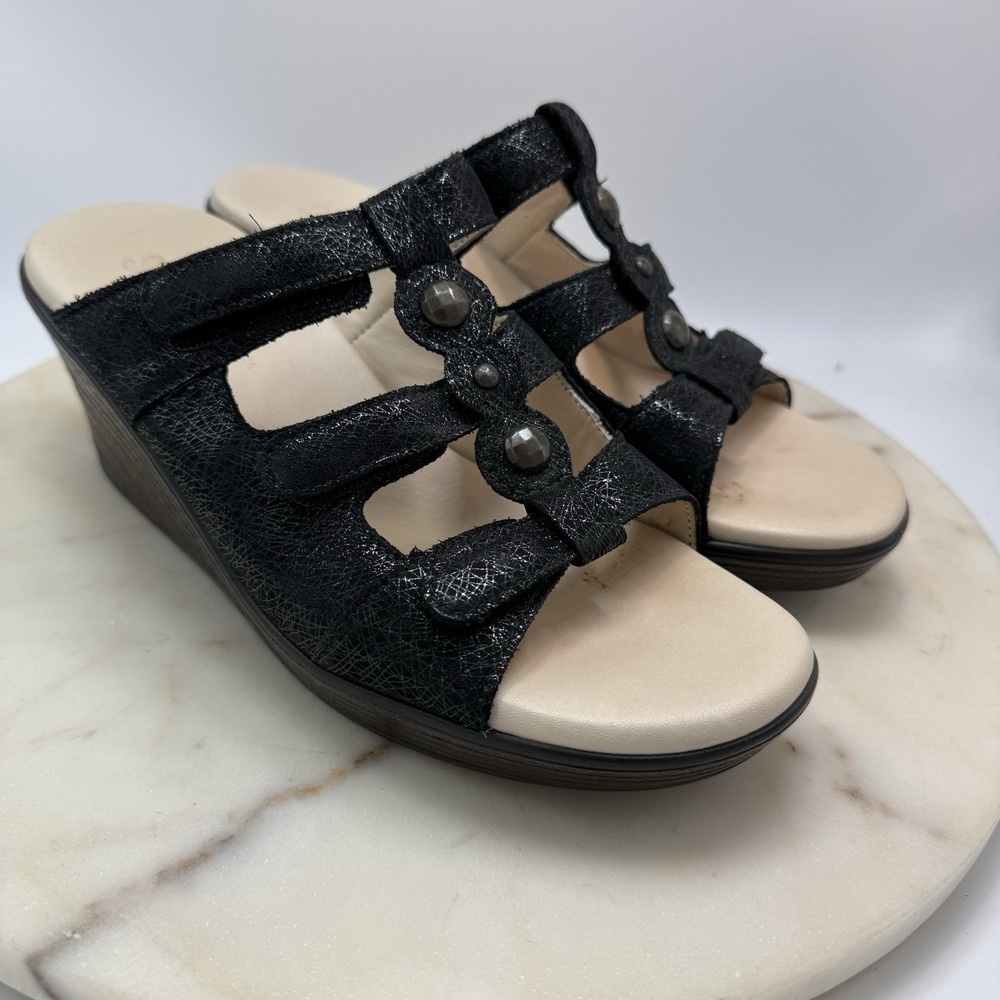SAS Wedge Sandals Womens 8 M Black Sanibel Slide Adjustable Straps Leather USA